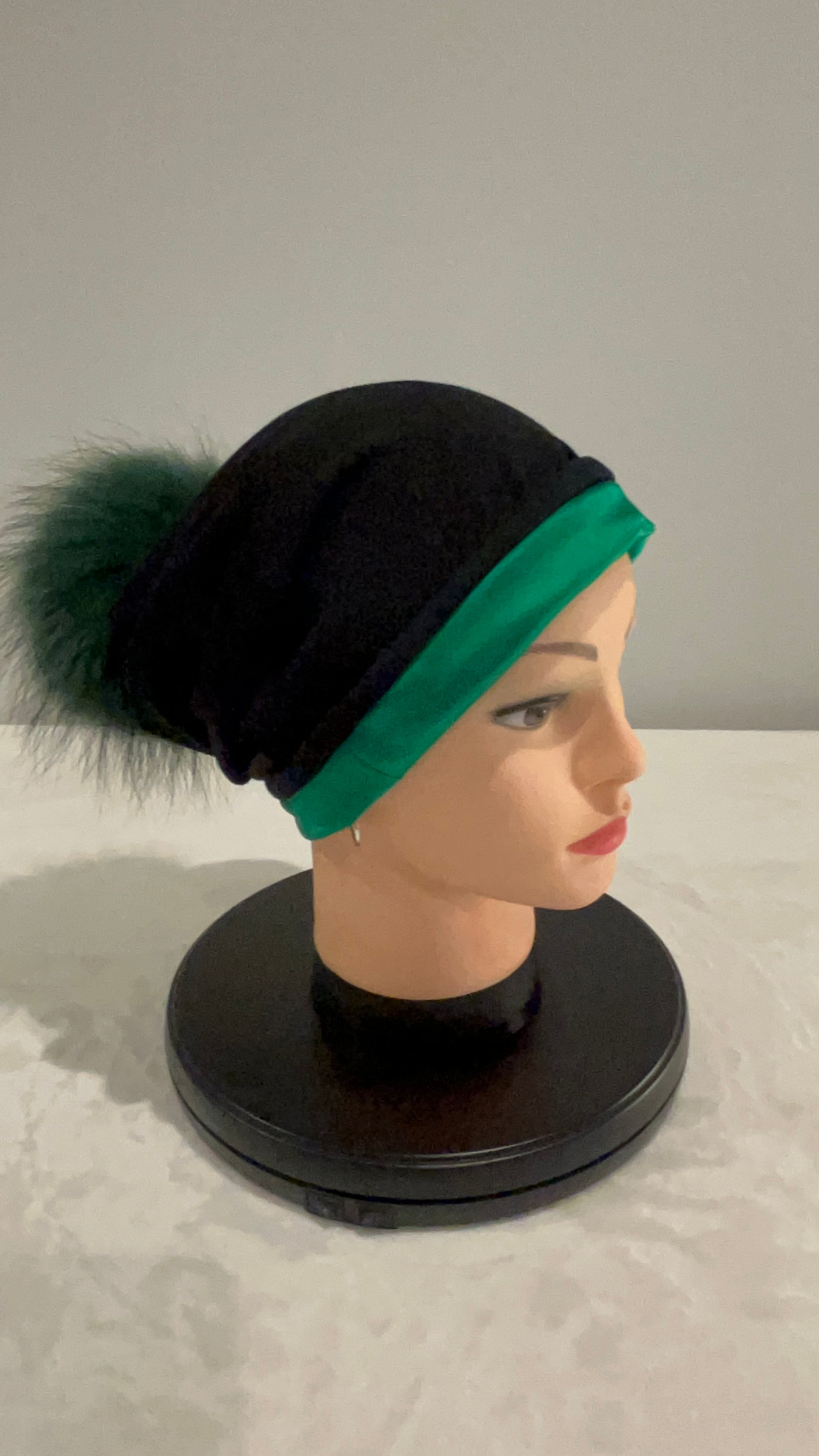 Emerald Green Silk Lined Beanie with Real Fur