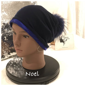 Blue Silk Lined Beanie with Real Fur