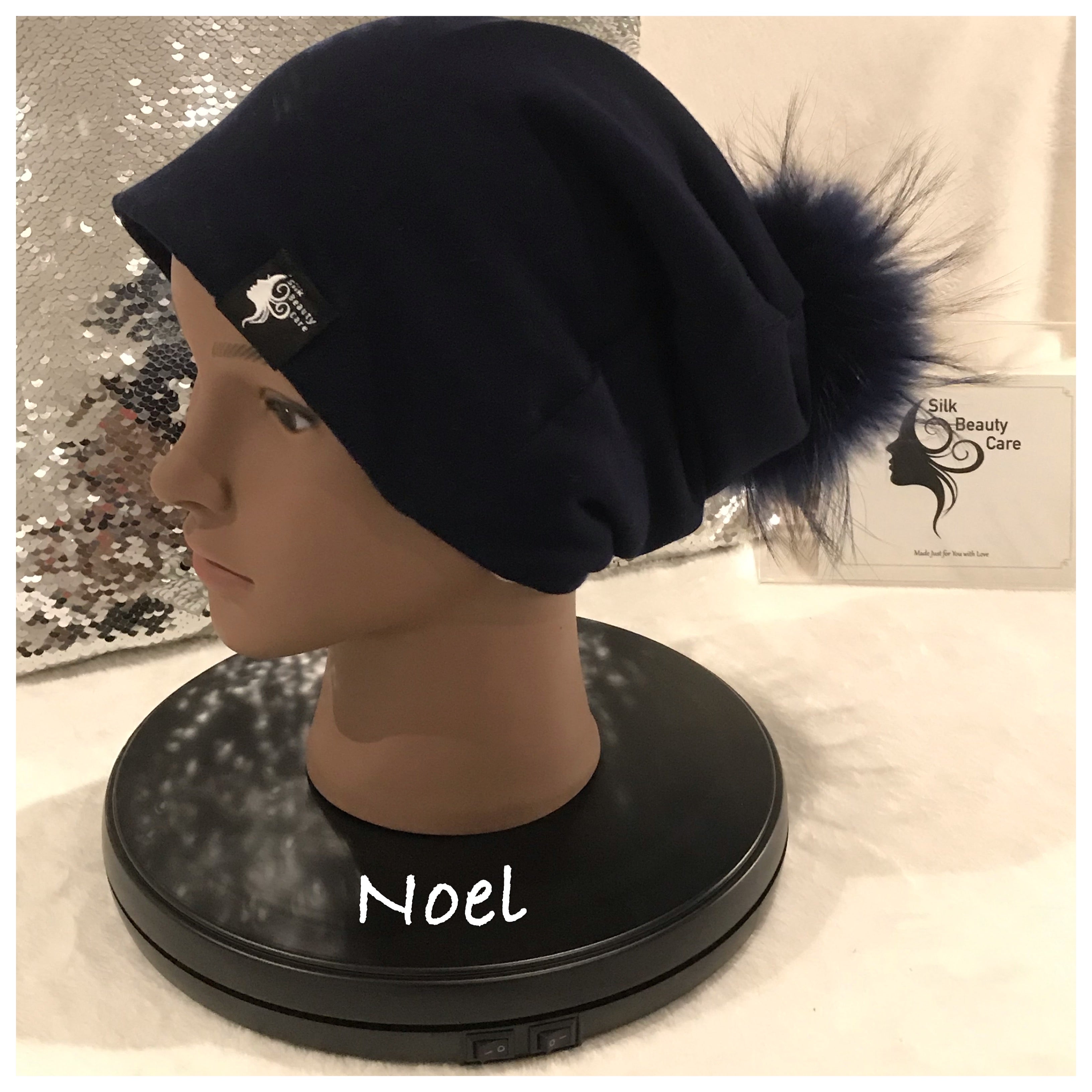 Blue Silk Lined Beanie with Real Fur