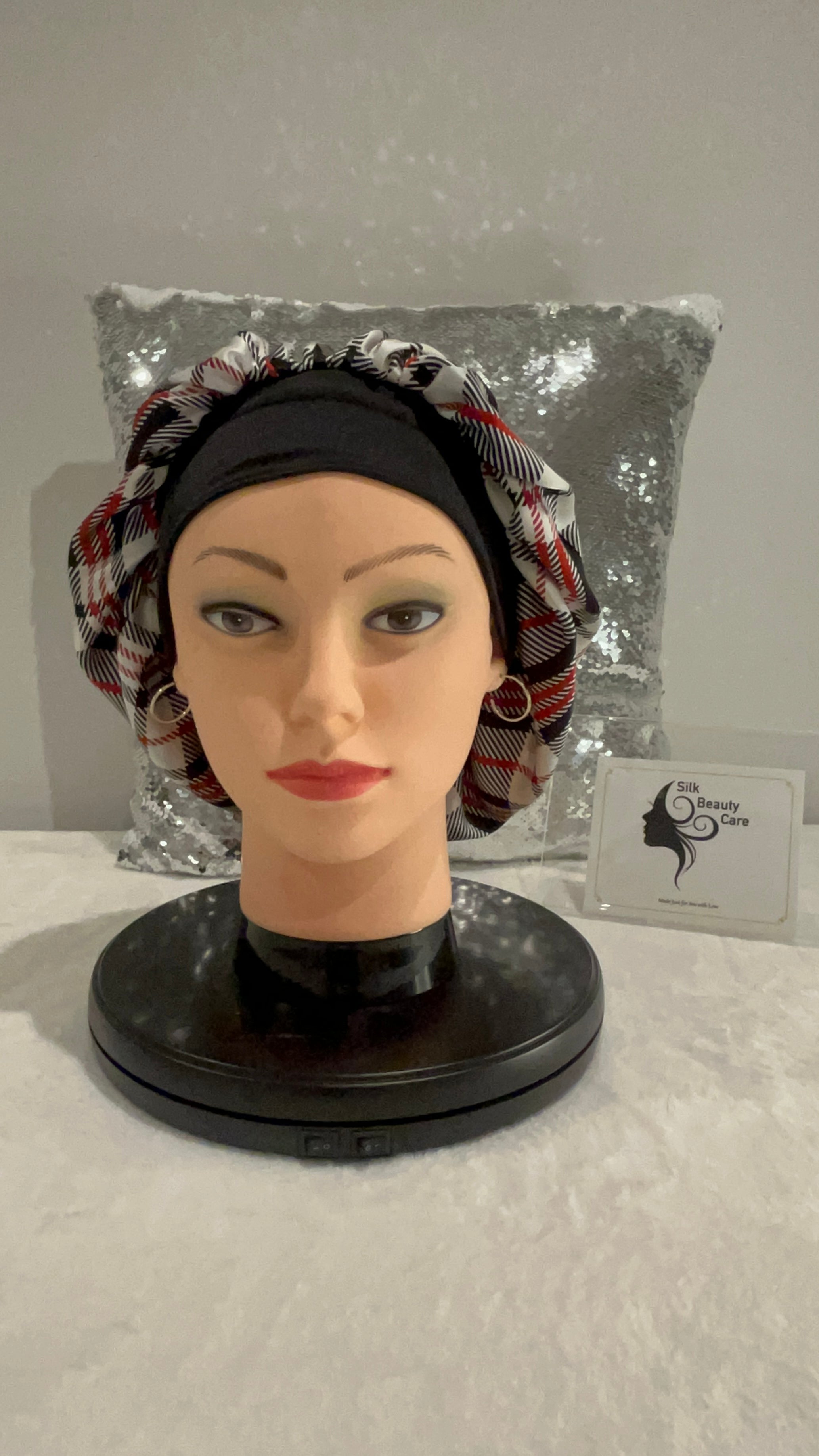 Designer Silk Bonnet (Black Red)