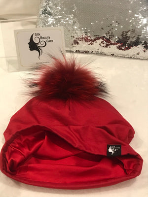 Red Silk Lined Beanie with Real Fur