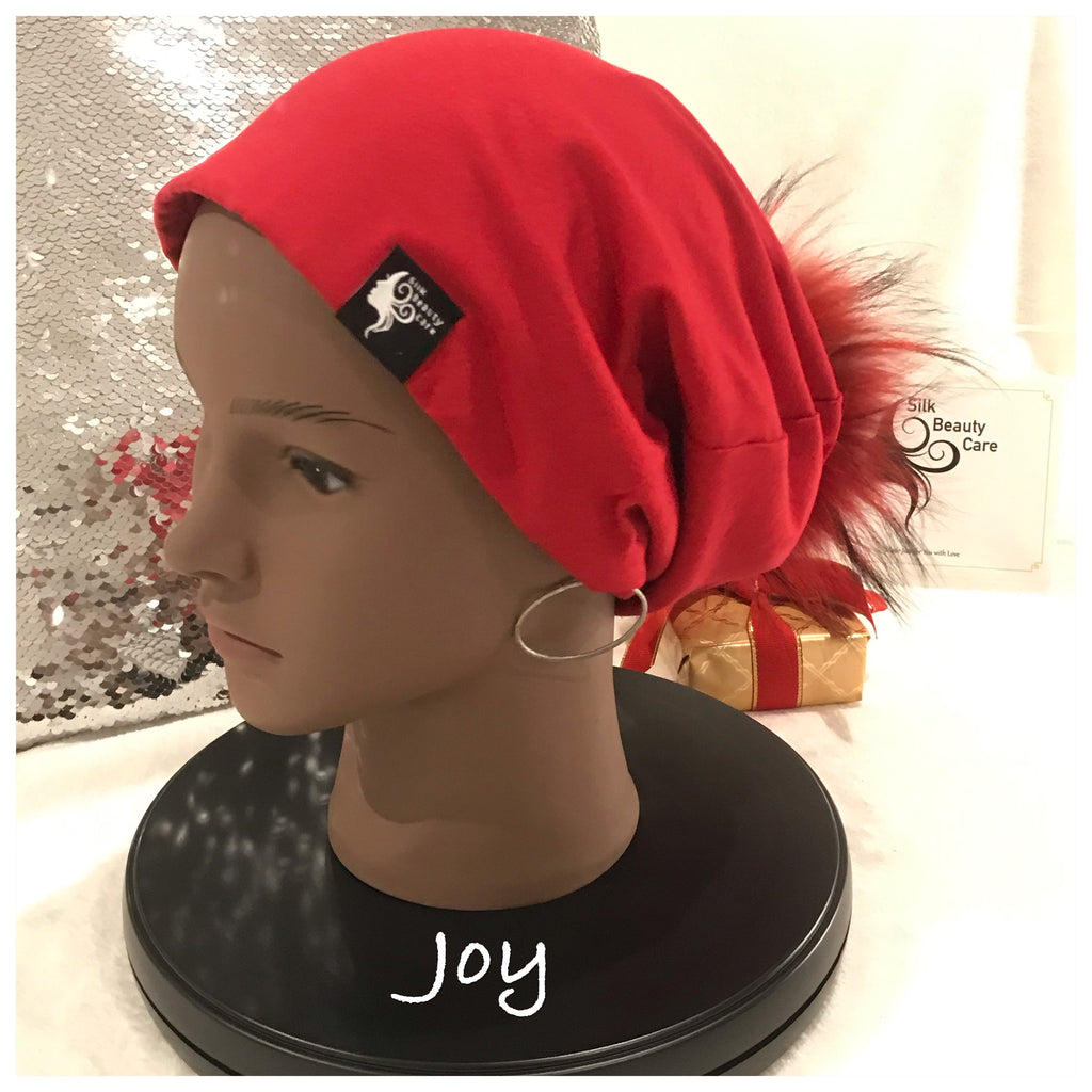 Red Silk Lined Beanie with Real Fur