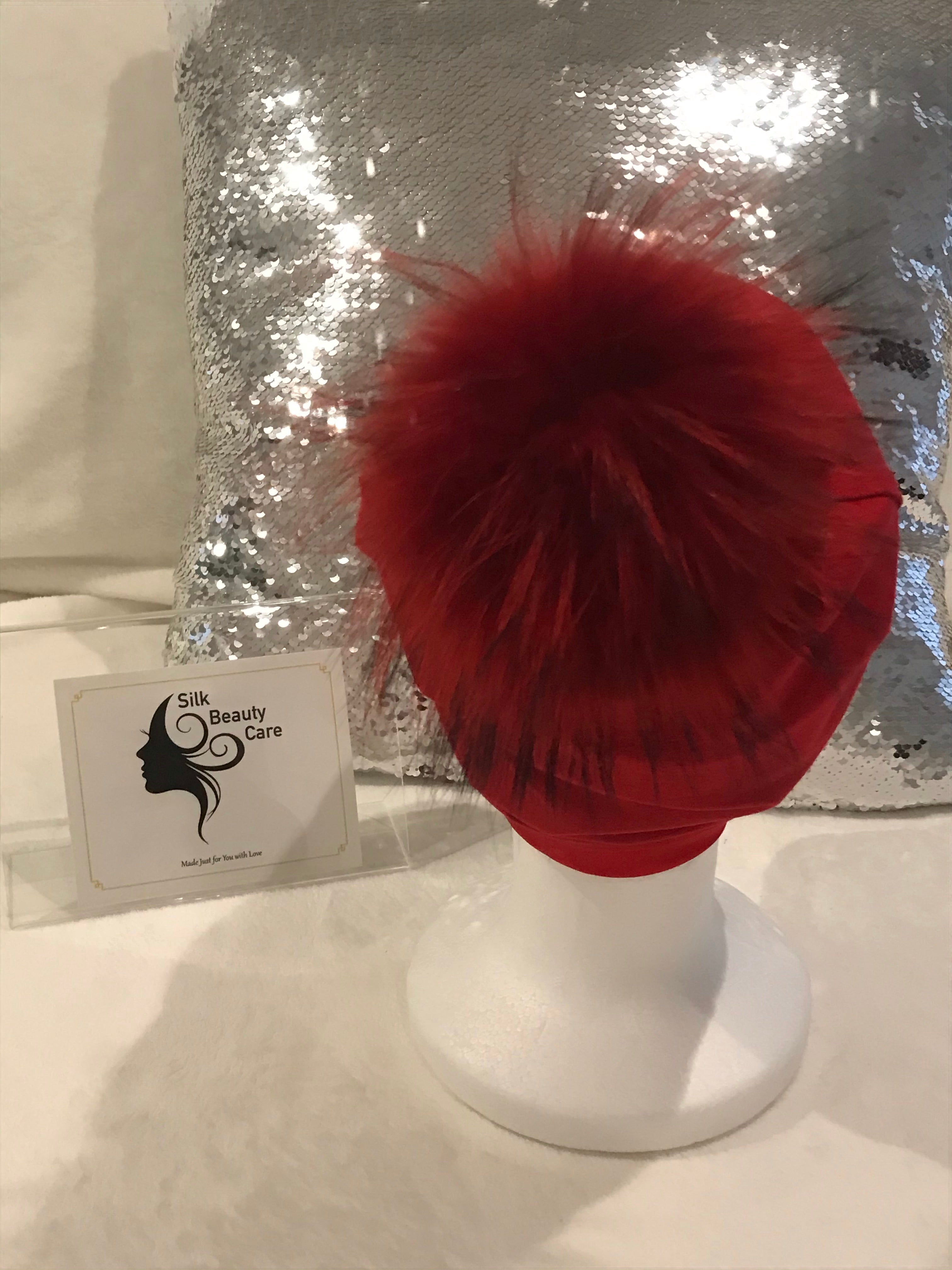 Red Silk Lined Beanie with Real Fur